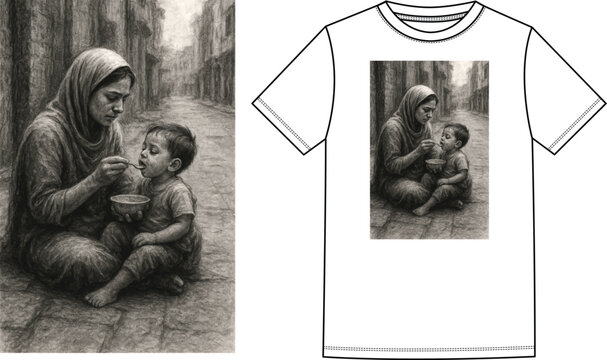 mother etting his child on the street, a motivational t shirt design