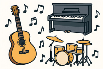 Musical Ensemble Illustration: A vibrant illustration showcases a diverse collection of musical instruments, surrounded by a chorus of musical notes.