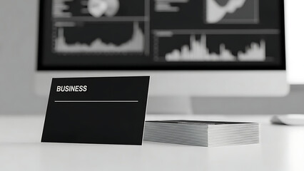 Business card on desk next to silver holder with computer displaying data charts in background. Business card represents professional image in modern workspace.