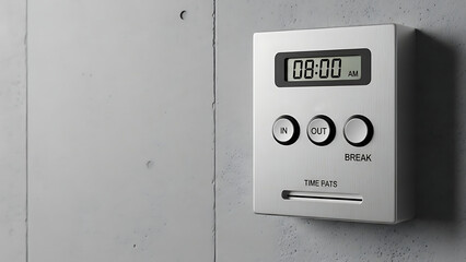 Digital timer displaying countdown for break with gray wall background, designed for managing time during work. Timer features simple controls such as out and break buttons for easy usage.