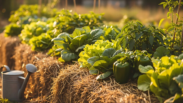 Fresh garden vegetables with green lettuce, peppers, and tomatoes growing amidst straw bales in bright sunlight, exemplifying healthy gardening practices.