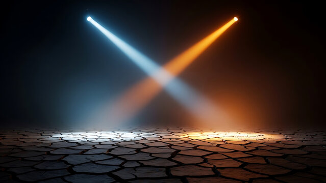 Blue and Orange Spotlights Crossing on Cracked Earth Ground