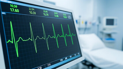 Heart monitor displaying vital signs in hospital environment with ECG readouts and empty patient bed in background. Heart monitor shows real-time data and fluctuations in heartbeat patterns.