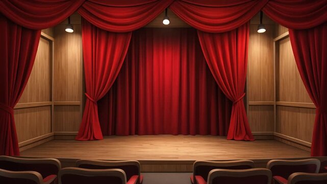 Luxurious red velvet theater curtains draped across a classical stage with a bright spotlight illuminating the elegant fabric for a cinematic opera performance