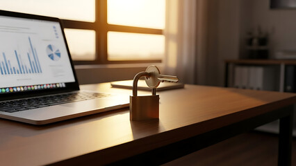 Business security concept with padlock on desk next to laptop displaying analytical graphs. Business security encapsulated in digital workspace with padlock and financial data visualization.