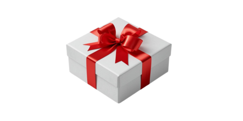 Christmas gift box with red ribbon isolated on white background, realistic lighting, high resolution