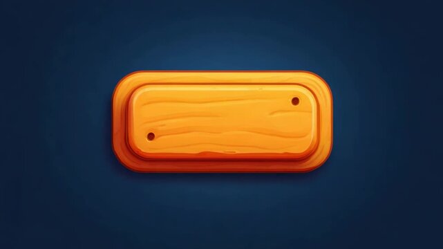 Rectangular orange wood button with rounded corners and holes, stylized cartoon design on dark blue background, concept of game interface element