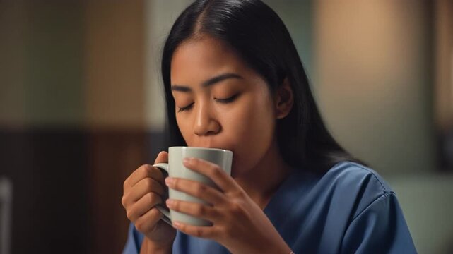 A smiling young woman doctor or nurse  enjoys a hot beverage lifestyle as she holds a mug of coffee or tea during a morning breakfast at home or a cafe