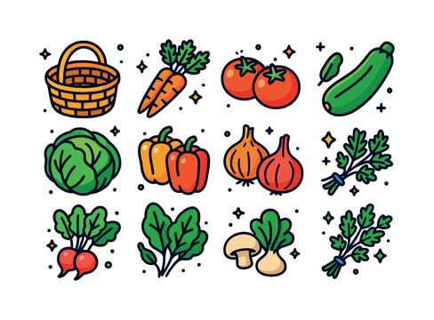 Colorful Vegetable Icons. Vegetable basket. Colorful isometric v