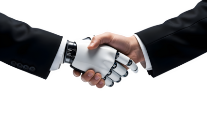 Business handshake between a human in a suit and a sophisticated white robotic android hand symbolizing future partnership and technology integration