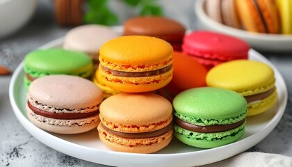 Fototapeta premium Elegant close up of colorful macarons on a white plate for exquisite dessert photography