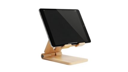 Adjustable bamboo tablet stand holding a modern digital device with a blank screen for design mockup use