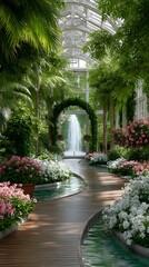 Lush indoor garden with a fountain, colorful flowers, and a wooden pathway in a greenhouse
