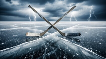 Crossed Hockey Sticks on a Frozen Lake Under a Stormy Sky with Lightning
