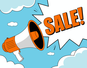 A vibrant megaphone dramatically announces a sale, illustrating excitement and urgency commonly associated with promotions, drawing attention to the importance of communication in marketing.