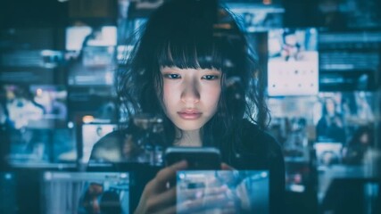 Young woman using smartphone at night with digital screens and blue light - Powered by Adobe