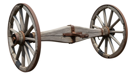 Antique wooden wagon axle assembly featuring weathered spoked wheels and rusted metal hardware