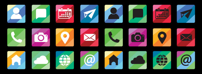 Contact icon set in vector files, icon set for website and app design, business card icon set. web icon vector, colored, gradient, square icon set
