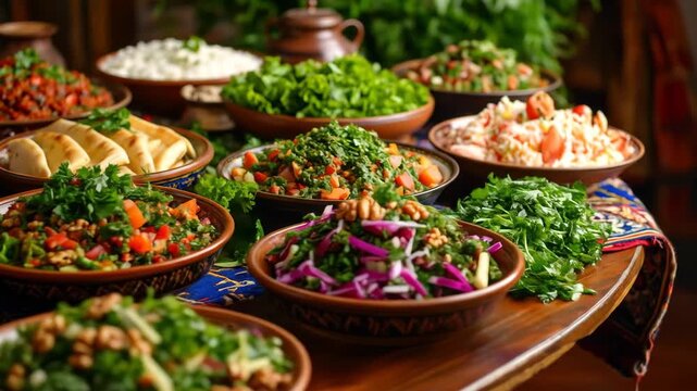Abundance of Colorful Food Dishes on Wooden Table with Cloth Decorative Elements Top Angle View