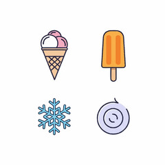 Collection of ice cream, popsicle, snowflake, and spiral icons.