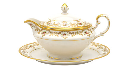 Elegant antique porcelain gravy boat with delicate gold trim and pink floral rococo detailing resting on matching saucer on black