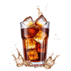 Chilled cola in transparent glass with caramel-colored liquid on transparent background