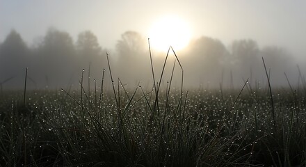 Grass with Dew Drops in Misty Field at Sunrise