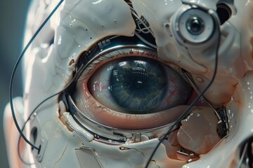 Human eye augmented with cybernetic implants, exploring themes of transhumanism, artificial intelligence, and the future of human evolution