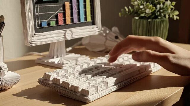 Creative Paper Keyboard and Computer Setup for Artistic Workspace.