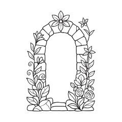 Black and white illustration of a stone archway adorned with lush foliage and delicate flowers, evoking a sense of natural beauty and whimsical charm