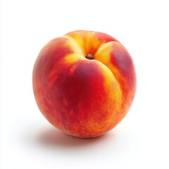 Isolated on bright white background, fresh ripe peach with soft fuzzy skin and warm orange-pink gradient tones. Soft diffused studio light, natural shadows