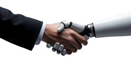 Business professional shaking hands with a futuristic white robotic android arm symbolizing partnership and technological integration in the future