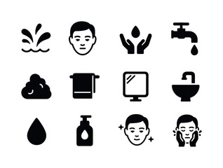 Face Wash Routine Icons. Washing your face. Solid icon set of wa