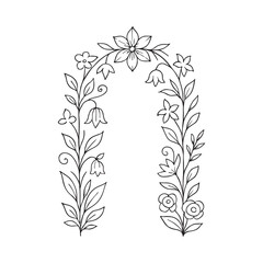 Elegant botanical archway line art illustration featuring delicate flowers and winding leaves, perfect as a decorative frame or wedding invitation design element