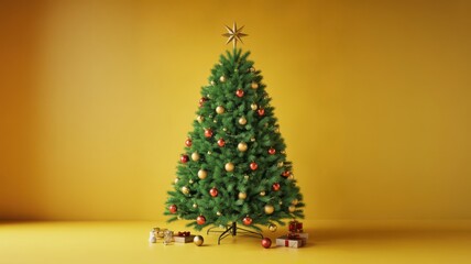 A beautifully decorated christmas tree with red and gold ornaments, topped with a star, and surrounded by gift boxes on a vibrant yellow background.