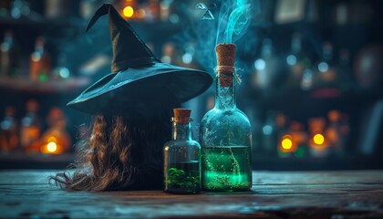 Mystical witch hat and potion bottles on a wooden table with enchanting glowing aura