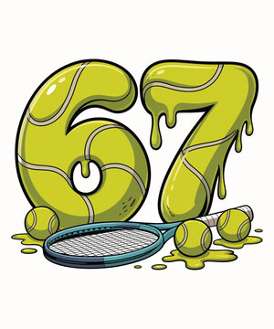 Dripping tennis ball style numbers 6 and 7 with racket and balls