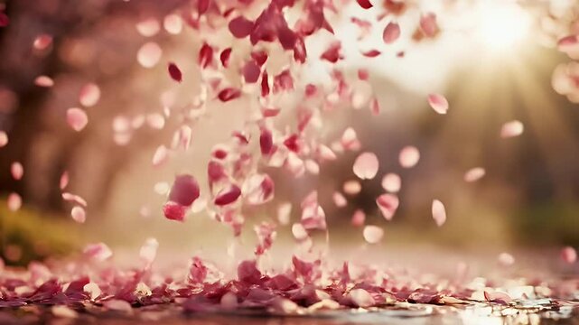 Falling petals create a beautiful and serene atmosphere in the sunlight.