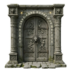 Obraz premium Ancient stone doorway with dragon carvings isolated on transparent background