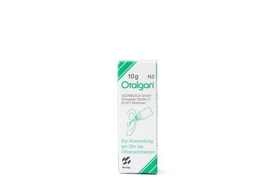 Otalgan ear drops box isolated on white. Minimal studio packshot for pharmacy and healthcare use.