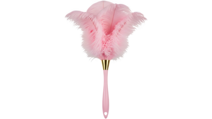 Elegant pink ostrich feather duster with gold accent handle on a stark for household cleaning tasks