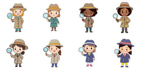 Obraz premium Multiple vector illustrations of female detectives