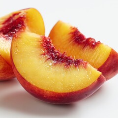 Macro close-up studio shot of juicy peach slices with vibrant orange flesh and glossy texture. Clean white background with bright highlights and realistic shadows, ideal for healthy food, beverages,