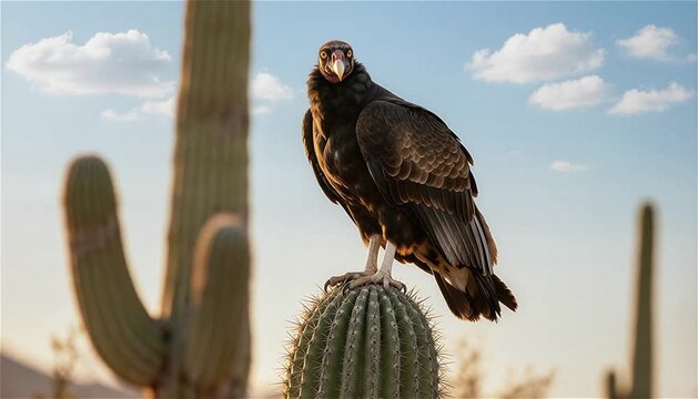 Buitre rey  posado en un cactus en el desierto