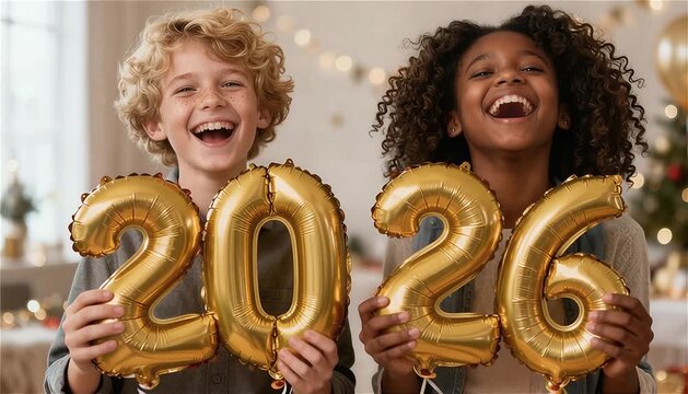 Dos niños riendo mientras sostienen globos dorados con los números '2026'