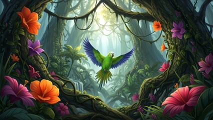 Vibrant Green Parrot Flying Through a Lush Tropical Jungle with Colorful Flowers
