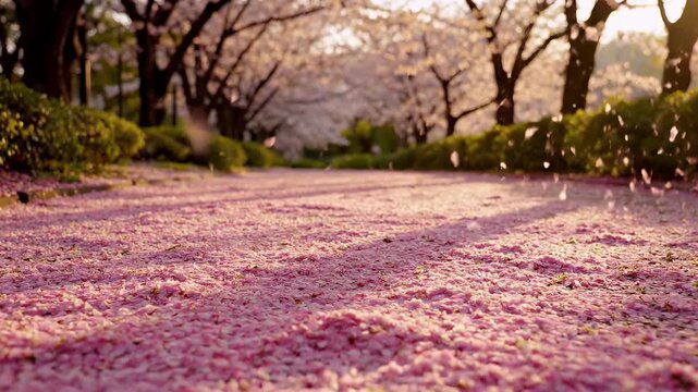 Beautiful cherry blossom petals falling on the ground in spring season.