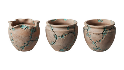 Three ancient cracked terracotta pots with verdigris patina showcasing historical decay and texture