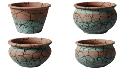 Four antique terracotta planters featuring a striking cracked glaze finish with oxidized turquoise and earthy brown tones on black