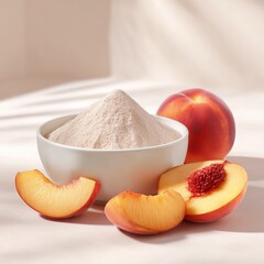 Luxury ingredient composition featuring fine peach powder in a white bowl surrounded by fresh peach slices. Clean white background, soft gradient shadows, ultra-realistic texture. 